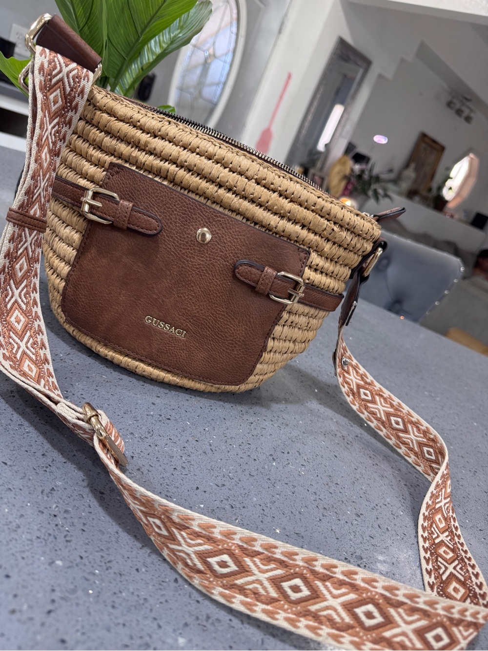 Brown Woven Crossbody Bag with Patterned Strap